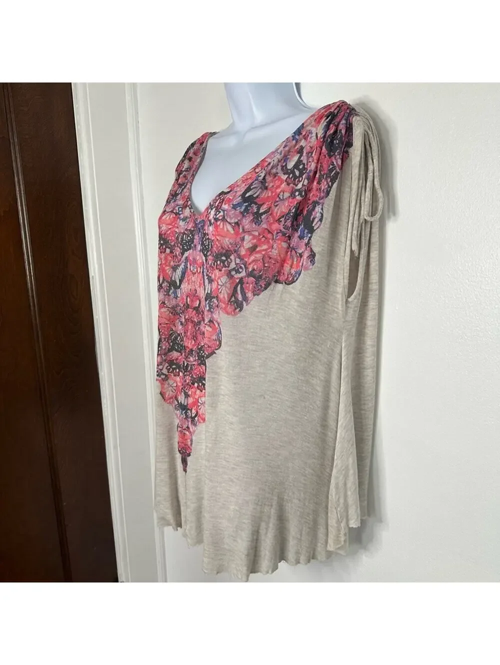 Free People Moon Dance Women's Tunic Tee Small Oatmeal Heather with Pink